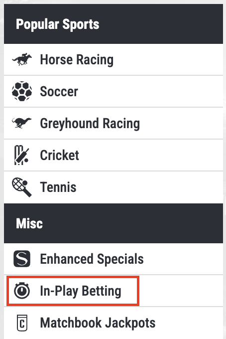 In-play betting section on Matchbook